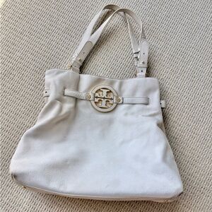 Tory Burch Cream Pebbled Leather Logo Tote with Gold Accent